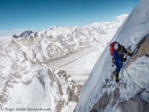 Simon Gietl while climbing the south face of Meru Peak south summit