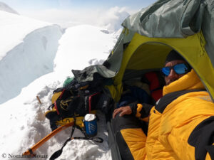 Norrdine in the tent on Annapurna