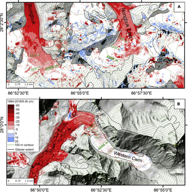 Ausdünnung der Everest-Gletscher auf der tibetischen Seite (oben) und der nepalesischen Seite (unten) zwischen 1984 und 2018/19 (©Owen King u.a./sciencedirect.com)